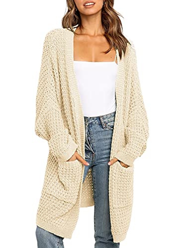 Maavoki Damen Lang Strickjacke, Oversize Langarm Sweater Cardigan, Casual Strickmantel Herbst Outerwear mit Tasche (Beige, L) von Maavoki