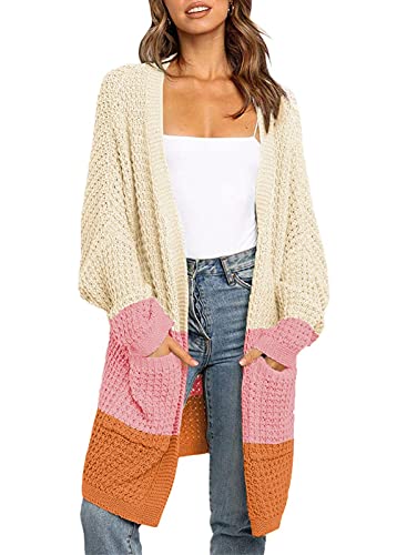 Maavoki Damen Lang Strickjacke, Oversize Langarm Sweater Cardigan, Casual Strickmantel Herbst Outerwear mit Tasche (Rosa, L) von Maavoki