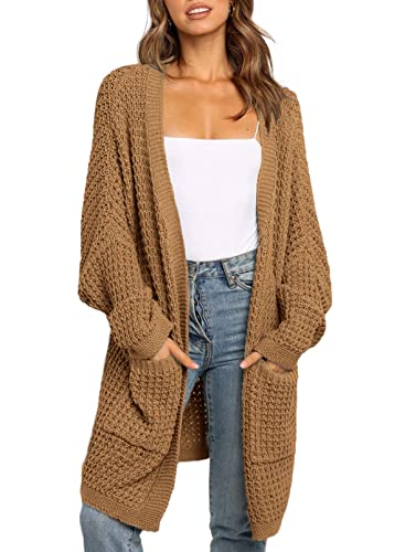 Maavoki Strickjacke Damen Lang Fledermausärmel Herbst Cardigan Casual Langarm Winter Warm Strickmantel mit Tasche, Braun XXL von Maavoki