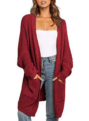 Maavoki Damen Lang Strickjacke, Oversized Langarm Sweater Cardigan, Casual Strickmantel Herbst Outerwear mit Tasche Rot M von Maavoki