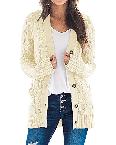 Maavoki Damen Langarm Strickjacke Elegant Strick Mantel Open Front Sweater Cardigan mit Knopfleiste und Taschen,Beige,M von Maavoki