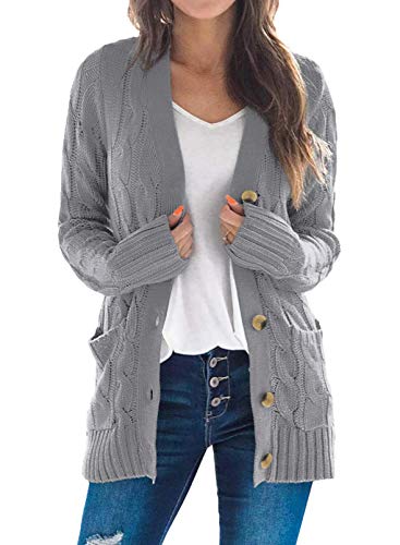 Maavoki Damen Langarm Strickjacke Elegant Strick Mantel Open Front Sweater Cardigan mit Knopfleiste und Taschen,Grau,L von Maavoki