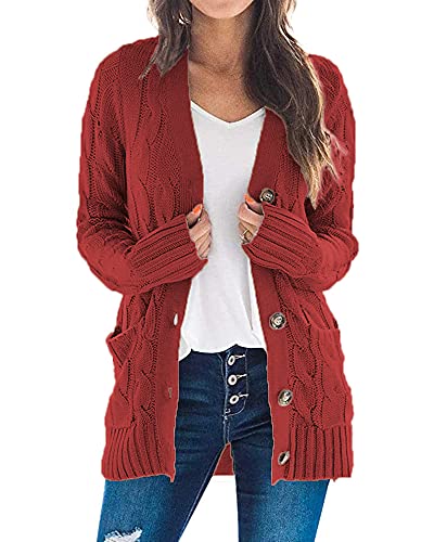 Maavoki Damen Langarm Strickjacke Elegant Strick Mantel Open Front Sweater Cardigan mit Knopfleiste und Taschen,Rot,L von Maavoki