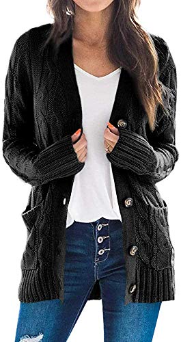 Maavoki Damen Langarm Strickjacke Elegant Strick Mantel Open Front Sweater Cardigan mit Knopfleiste und Taschen,Schwarz,XXL von Maavoki