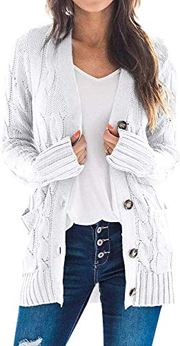 Maavoki Damen Langarm Strickjacke Elegant Strick Mantel Open Front Sweater Cardigan mit Knopfleiste und Taschen,Weiß,S von Maavoki