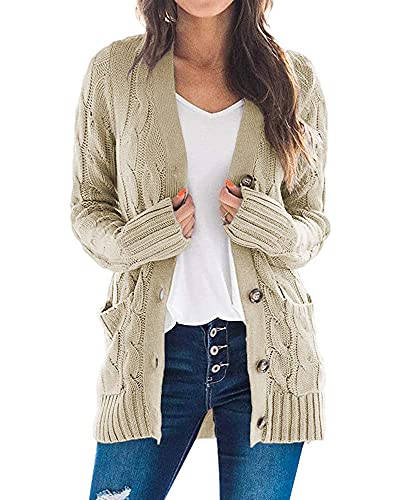 Maavoki Damen Langarm Strickjacke Elegant Strick Mantel Open Front Sweater Cardigan mit Knopfleiste und Taschen (Aprikose, XXL von Maavoki