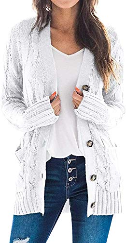 Maavoki Damen Langarm Strickjacke Elegant Strick Mantel Open Front Sweater Cardigan mit Knopfleiste und Taschen (Weiß, M) von Maavoki