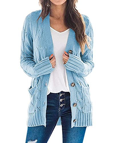 Maavoki Damen Langarm Strickjacke Elegant Strick Mantel Open Front Sweater Cardigan mit Knopfleiste und Taschen Blau M von Maavoki