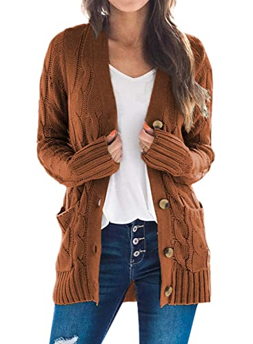 Maavoki Damen Langarm Strickjacke Elegant Strick Mantel Open Front Sweater Cardigan mit Knopfleiste und Taschen Braun M von Maavoki