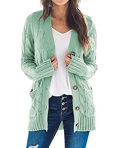 Maavoki Damen Langarm Strickjacke Elegant Strick Mantel Open Front Sweater Cardigan mit Knopfleiste und Taschen Hellgrün L von Maavoki
