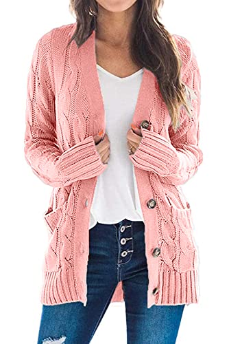 Maavoki Damen Langarm Strickjacke Elegant Strick Mantel Open Front Sweater Cardigan mit Knopfleiste und Taschen Herbst Winter Pullover Mantel Rosa, L von Maavoki