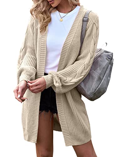 Maavoki Damen Oversize Strickjacke, Lange Strickpullover Cardigan mit Laternenärmeln, Einfarbige Pullover Jacke für Herbst Winter Beige, M von Maavoki