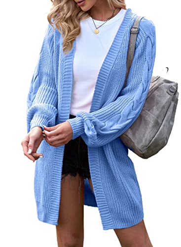 Maavoki Damen Oversize Strickjacke, Lange Strickpullover Cardigan mit Laternenärmeln, Einfarbige Pullover Jacke für Herbst Winter Blau, L von Maavoki