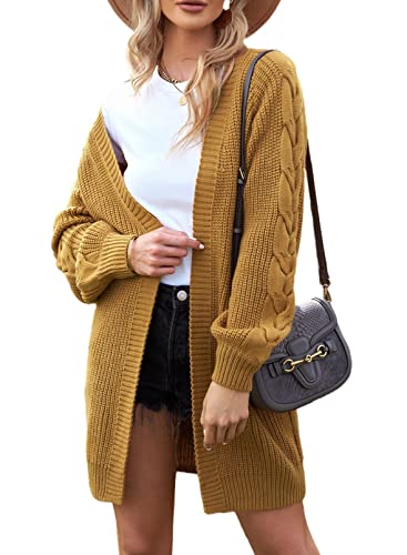 Maavoki Damen Oversize Strickjacke, Lange Strickpullover Cardigan mit Laternenärmeln, Einfarbige Pullover Jacke für Herbst Winter Gelb, L von Maavoki