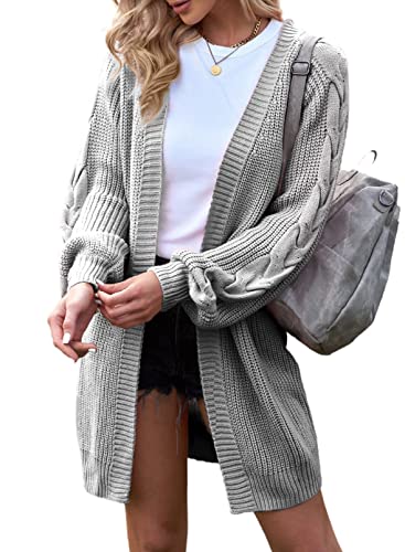 Maavoki Damen Oversize Strickjacke, Lange Strickpullover Cardigan mit Laternenärmeln, Einfarbige Pullover Jacke für Herbst Winter Grau, M von Maavoki