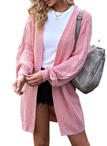 Maavoki Damen Oversize Strickjacke, Lange Strickpullover Cardigan mit Laternenärmeln, Einfarbige Pullover Jacke für Herbst Winter Rosa, L von Maavoki