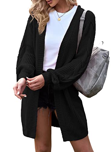 Maavoki Damen Oversize Strickjacke, Lange Strickpullover Cardigan mit Laternenärmeln, Einfarbige Pullover Jacke für Herbst Winter Schwarz, M von Maavoki