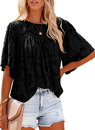 Maavoki Damen Bluse Damen Rundhal Spitze Babydoll Tops Rüsche 3/4 Glocke Ärmel Chiffonblusen (Schwarz, XL) von Maavoki