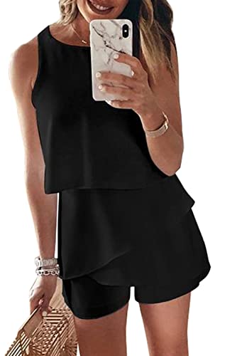 Maavoki Damen Sommer Overalls Romper, Elegant Ärmellos Jumpsuit mit Rüschen, Frauen Oberteile Tank Top mit Kurze Hose (Schwarz, S) von Maavoki