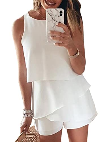 Maavoki Jumpsuit Damen Elegant Sommer Ärmellos Overall mit Rüschen Frauen Oberteile Top und Kurze Hose Weiß S von Maavoki