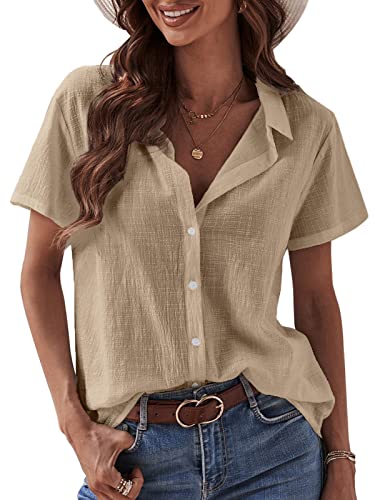 Maavoki Hemdbluse Damen Sommer Kurzarm Blusen Tops, Button Down Leinenbluse Solide Tunika, Sommer Casual Baumwolle Leinen Freizeithemden für Frauen Rosa, M von Maavoki