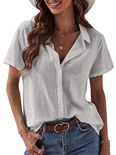 Maavoki Hemdbluse Damen Sommer Kurzarm Blusen Tops, Button Down Leinenbluse Solide Tunika, Sommer Casual Baumwolle Leinen Freizeithemden für Frauen Rosa, XXL von Maavoki