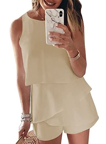 Maavoki Jumpsuit Damen Elegant Sommer Ärmellos Overall mit Rüschen Frauen Oberteile Top und Kurze Hose Aprikose M von Maavoki