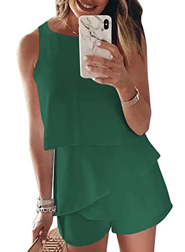 Maavoki Jumpsuit Damen Elegant Sommer Ärmellos Overall mit Rüschen Frauen Oberteile Top und Kurze Hose Grün L von Maavoki