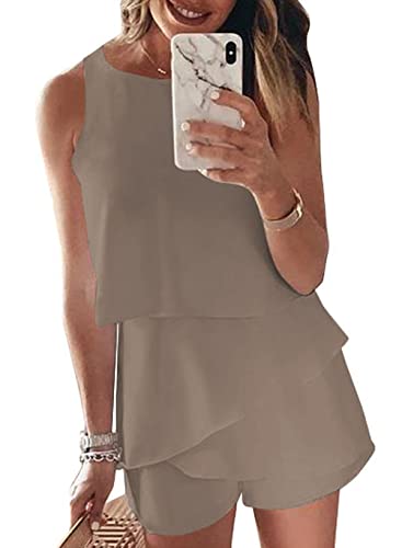 Maavoki Jumpsuit Damen Elegant Sommer Ärmellos Overall mit Rüschen Frauen Oberteile Top und Kurze Hose Kahki L von Maavoki