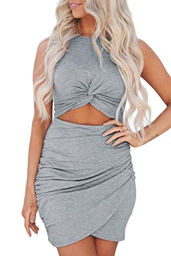 Maavoki Kleider Damen Einfarbiges Ärmelloses Kleid, Sexy Enges Kleid Unregelmäßig Cocktailkleid Partykleider, Slim Fit Rundkragen Sommerkleid für Frauen (Grau, L) von Maavoki