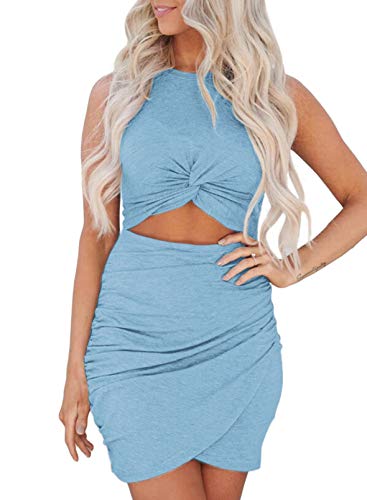 Maavoki Kleider Damen Einfarbiges Ärmelloses Kleid, Sexy Enges Kleid Unregelmäßig Cocktailkleid Partykleider, Slim Fit Rundkragen Sommerkleid für Frauen (Hellblau, XL) von Maavoki