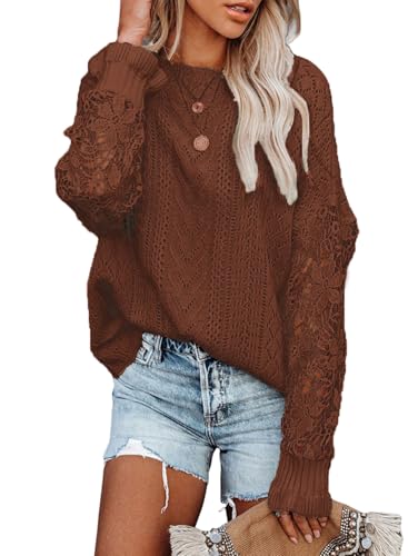 Maavoki Pullover Damen Spitze Strickpullover, Lässige Rundhals Lace Langarm Häkelpullover, Elegantes Einfarbig Stricktop Patchwork Oberteile Stricken Langarmshirt Braun L von Maavoki