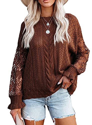 Maavoki Pullover Damen Spitze Strickpullover, Lässige Rundhals Lace Langarm Häkelpullover, Elegantes Einfarbig Stricktop Patchwork Oberteile Stricken Langarmshirt Braun M von Maavoki