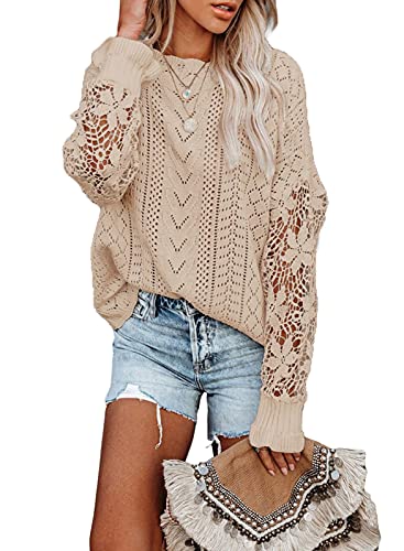 Maavoki Pullover Damen Spitze Strickpullover, Lässige Rundhals Lace Langarm Häkelpullover, Elegantes Einfarbig Stricktop Patchwork Oberteile Stricken Langarmshirt Aprikose XL von Maavoki