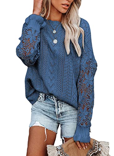 Maavoki Pullover Damen Spitze Strickpullover, Lässige Rundhals Lace Langarm Häkelpullover, Elegantes Einfarbig Stricktop Patchwork Oberteile Stricken Langarmshirt Dunkelblau XXL von Maavoki