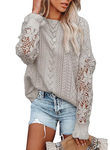 Maavoki Pullover Damen Spitze Strickpullover, Lässige Rundhals Lace Langarm Häkelpullover, Elegantes Einfarbig Stricktop Patchwork Oberteile Stricken Langarmshirt Grau L von Maavoki