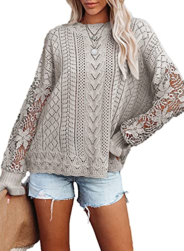 Maavoki Pullover Damen Spitze Strickpullover, Lässige Rundhals Lace Langarm Häkelpullover, Elegantes Einfarbig Stricktop Patchwork Oberteile Stricken Langarmshirt Grau XL von Maavoki