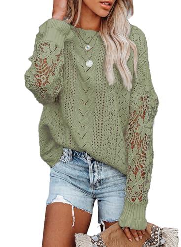 Maavoki Pullover Damen Spitze Strickpullover, Lässige Rundhals Lace Langarm Häkelpullover, Elegantes Einfarbig Stricktop Patchwork Oberteile Stricken Langarmshirt Grün L von Maavoki
