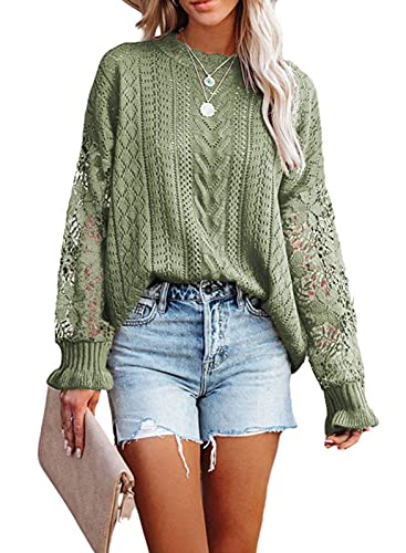 Maavoki Pullover Damen Spitze Strickpullover, Lässige Rundhals Lace Langarm Häkelpullover, Elegantes Einfarbig Stricktop Patchwork Oberteile Stricken Langarmshirt Grün M von Maavoki