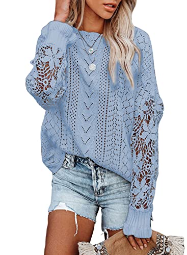 Maavoki Pullover Damen Spitze Strickpullover, Lässige Rundhals Lace Langarm Häkelpullover, Elegantes Einfarbig Stricktop Patchwork Oberteile Stricken Langarmshirt Hellblau M von Maavoki