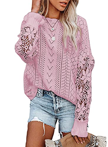 Maavoki Pullover Damen Spitze Strickpullover, Lässige Rundhals Lace Langarm Häkelpullover, Elegantes Einfarbig Stricktop Patchwork Oberteile Stricken Langarmshirt Rosa L von Maavoki