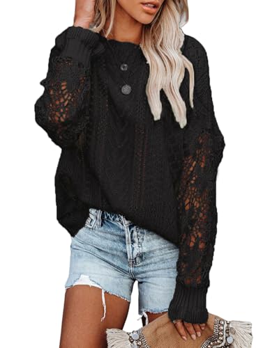 Maavoki Pullover Damen Spitze Strickpullover, Lässige Rundhals Lace Langarm Häkelpullover, Elegantes Einfarbig Stricktop Patchwork Oberteile Stricken Langarmshirt Schwarz S von Maavoki