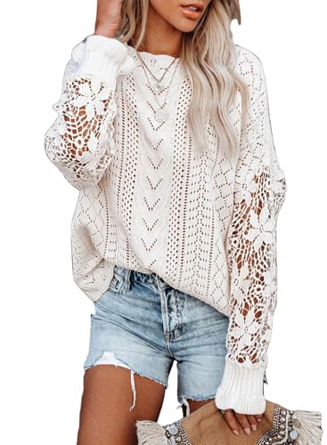 Maavoki Pullover Damen Spitze Strickpullover, Lässige Rundhals Lace Langarm Häkelpullover, Elegantes Einfarbig Stricktop Patchwork Oberteile Stricken Langarmshirt Weiß L von Maavoki