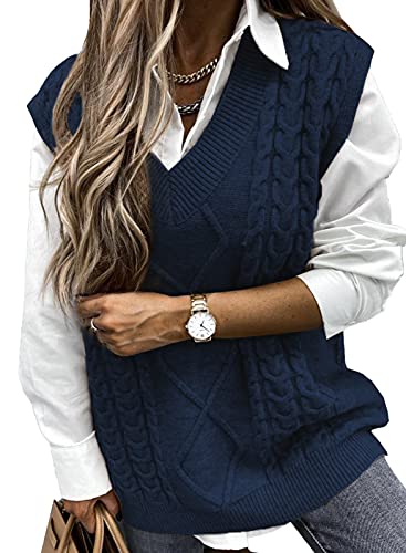 Maavoki Pullover Damen Weste, Casual Kurz Strickweste, V-Ausschnitt Pullover Sweater Ärmellos, Elegant Einfarbig Strickpullover (B-Blau, S) von Maavoki
