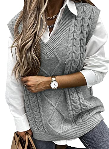 Maavoki Pullover Damen Weste, Casual Kurz Strickweste, V-Ausschnitt Pullover Sweater Ärmellos, Elegant Einfarbig Strickpullover (B-Grau, M) von Maavoki