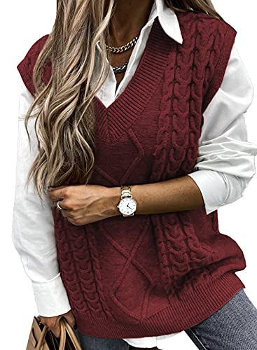 Maavoki Pullover Damen Weste, Casual Kurz Strickweste, V-Ausschnitt Pullover Sweater Ärmellos, Elegant Einfarbig Strickpullover (B-Rot, S) von Maavoki