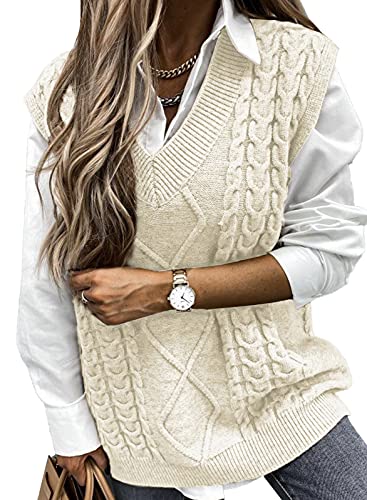 Maavoki Pullover Damen Weste Casual Kurz Strickweste V-Ausschnitt Sweater Ärmellos Elegant Einfarbig Strickpullover B-Beige, M von Maavoki