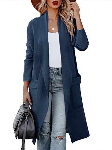Maavoki Strickjacke Damen Lang Offene Front Herbst Cardigan mit Tasche Casual Einfarbig Warm Strickmantel, Blau, M von Maavoki