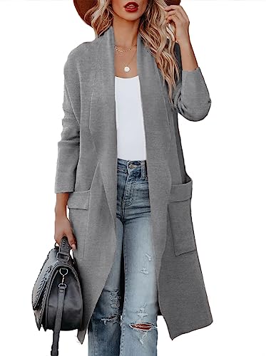 Maavoki Strickjacke Damen Lang Offene Front Herbst Cardigan mit Tasche Casual Einfarbig Warm Strickmantel, Dunkelgrau, XL von Maavoki