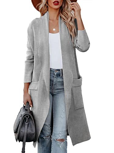 Maavoki Strickjacke Damen Lang Offene Front Herbst Cardigan mit Tasche Casual Einfarbig Warm Strickmantel, Grau, XL von Maavoki